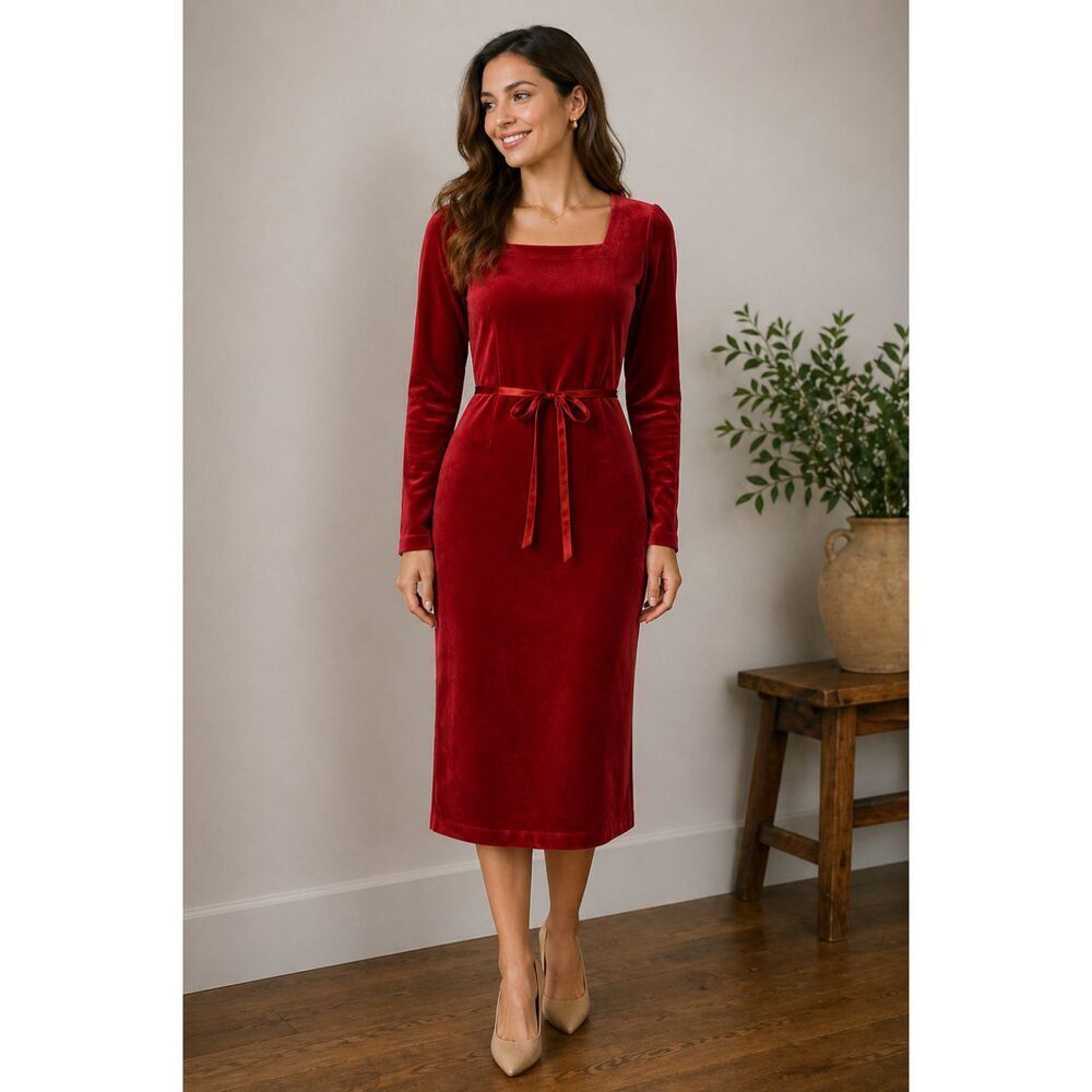 LL Bean Dress Womens Petite Small Red Velour Maxi Back/Front Tie Casual Pullover
